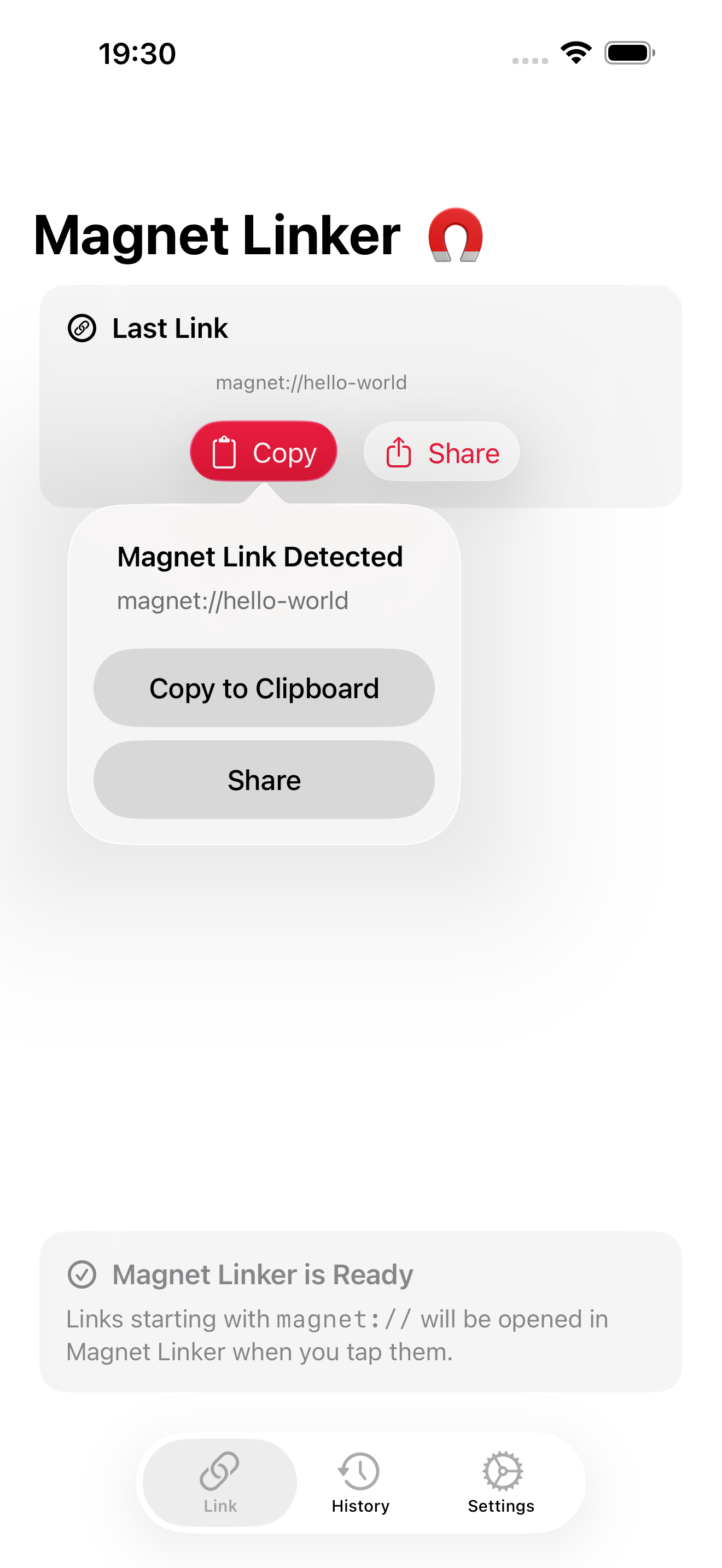 Magnet Linker iOS app showing a copied magnet link